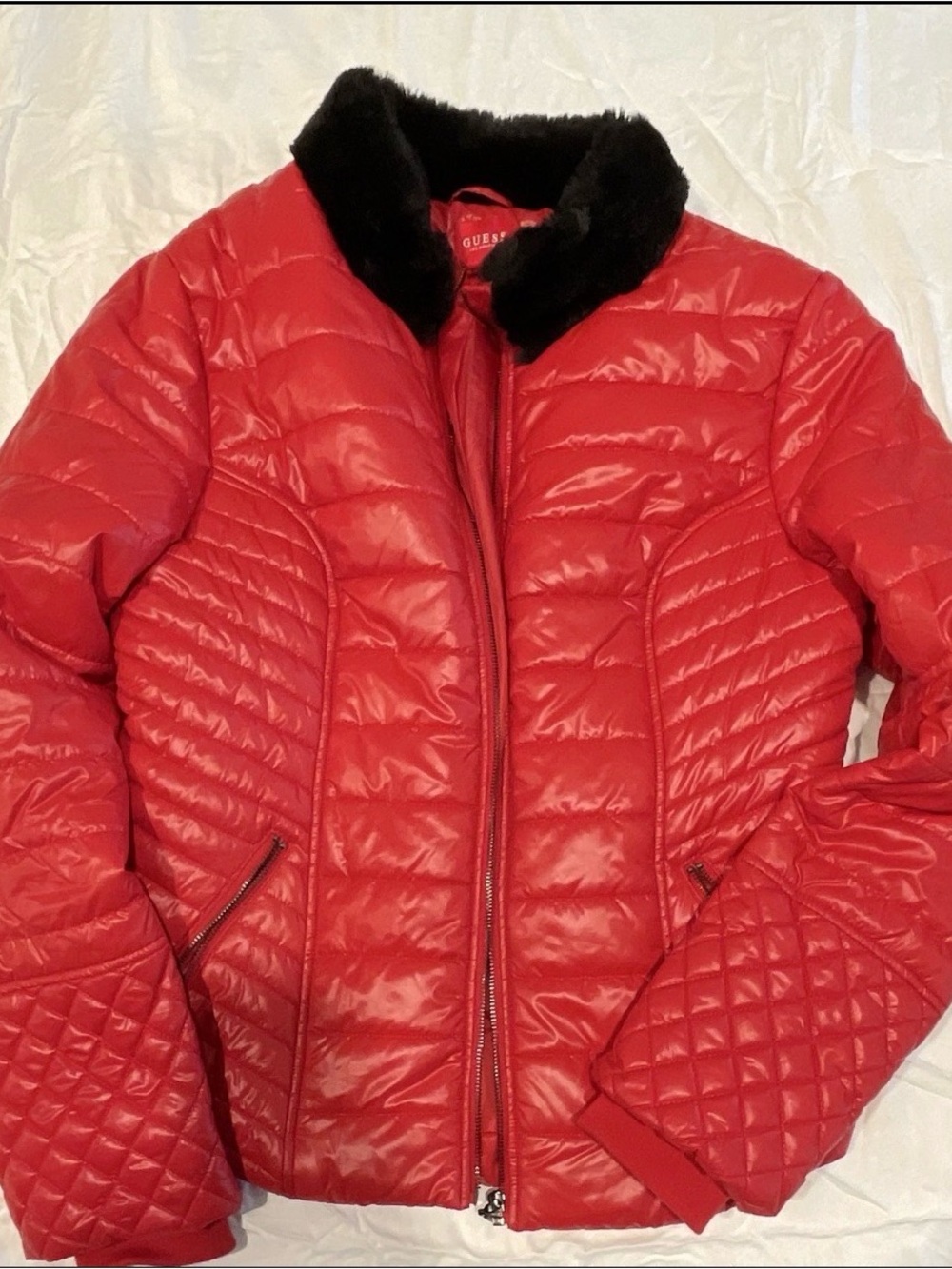 GUESS Red Quilted Puffer Jacket with Black Faux Fur Collar